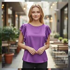NEW Worthington Womens Purple S silky soft short Sleeve Ruffle Blouse Elegant